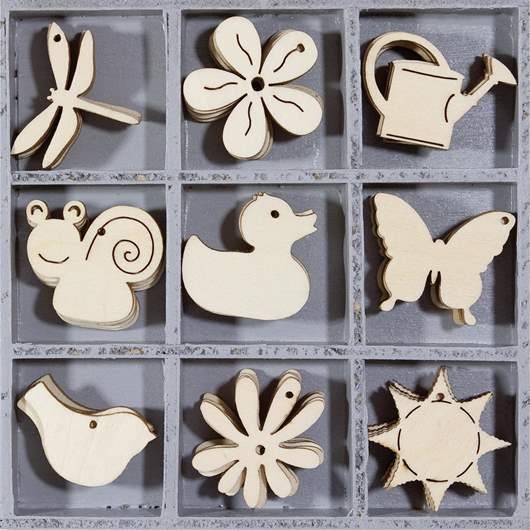 Wooden ornament box motif flowers+animals 10,5x10,5cm 45 pcs
